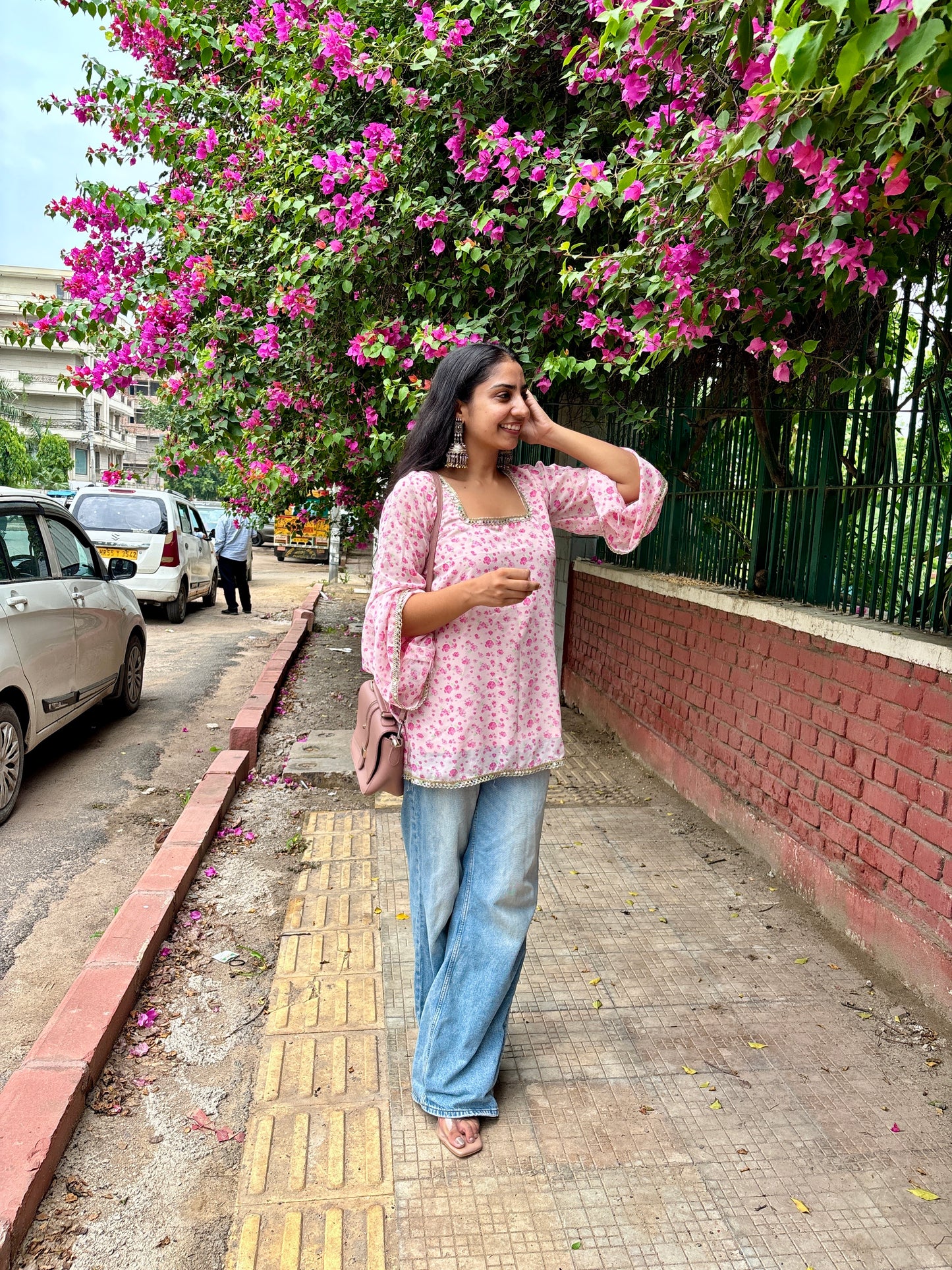 Rose – A Floral Pink Short Kurti with bell sleeves