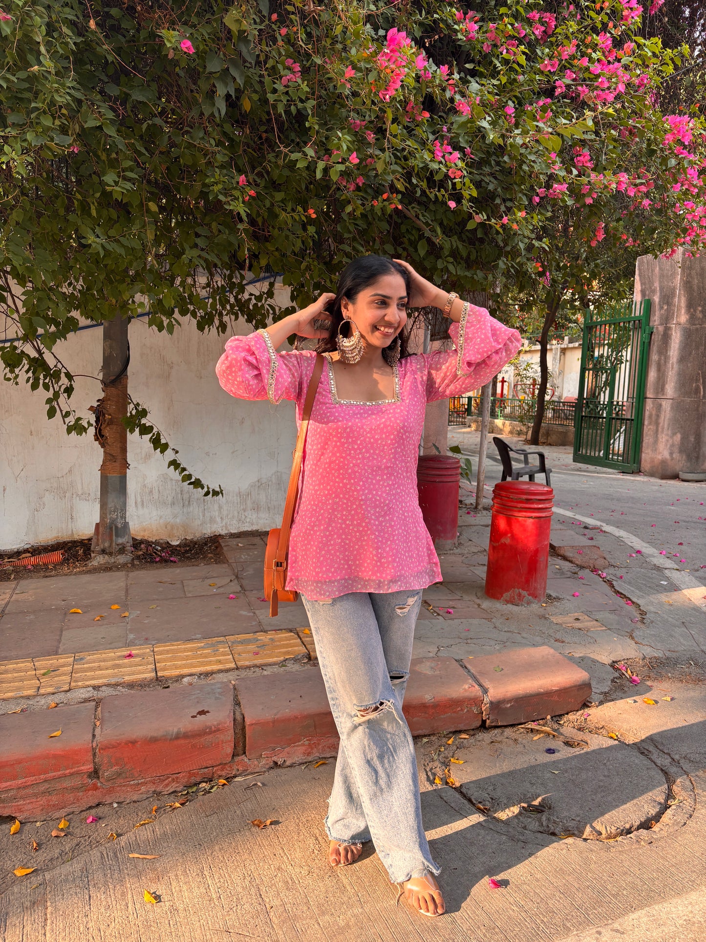Gulbahar – Floral Baby Pink Kurti with Bell Sleeves