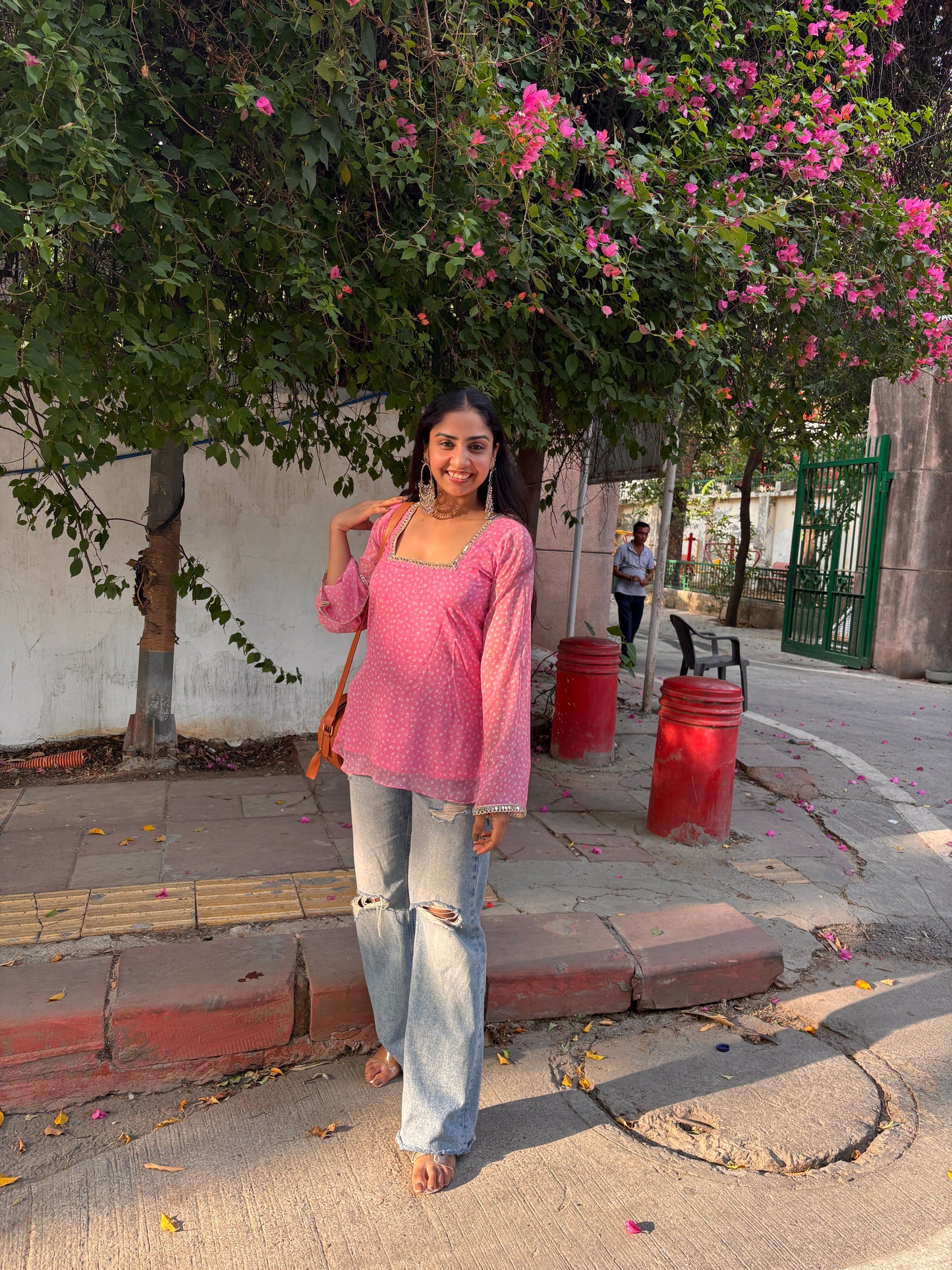 Gulbahar – Floral Baby Pink Kurti with Bell Sleeves