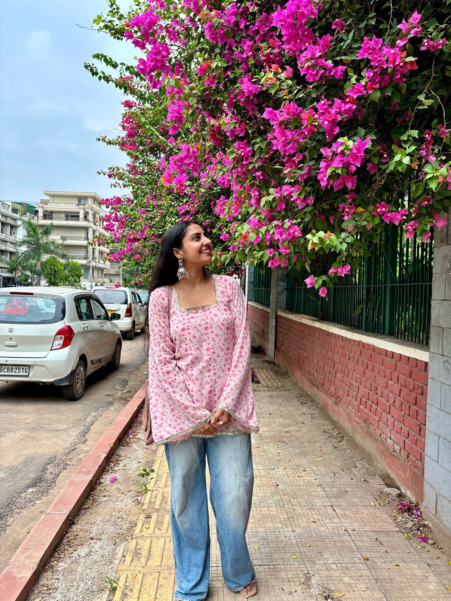 Rose – A Floral Pink Short Kurti with bell sleeves
