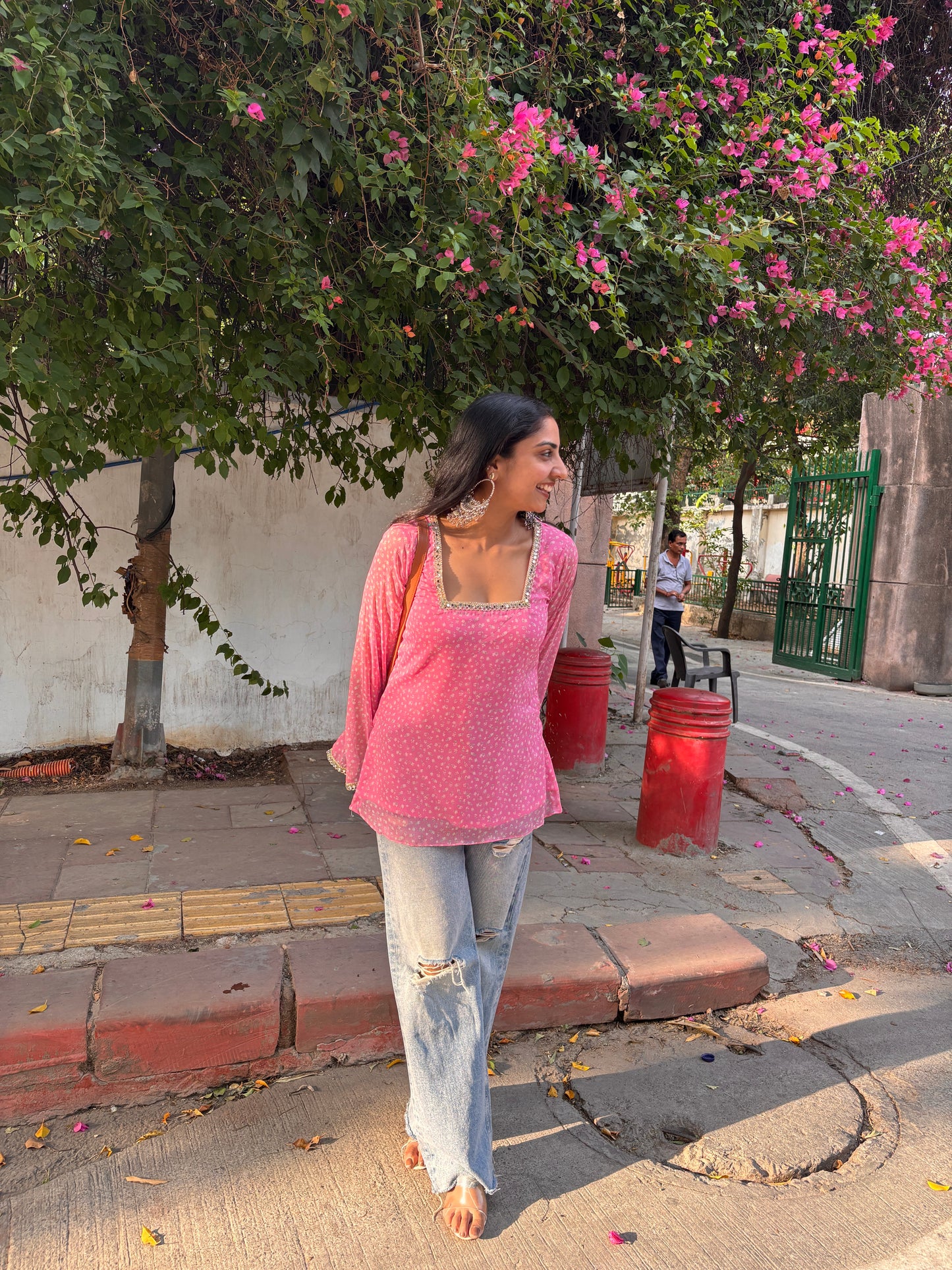 Gulbahar – Floral Baby Pink Kurti with Bell Sleeves