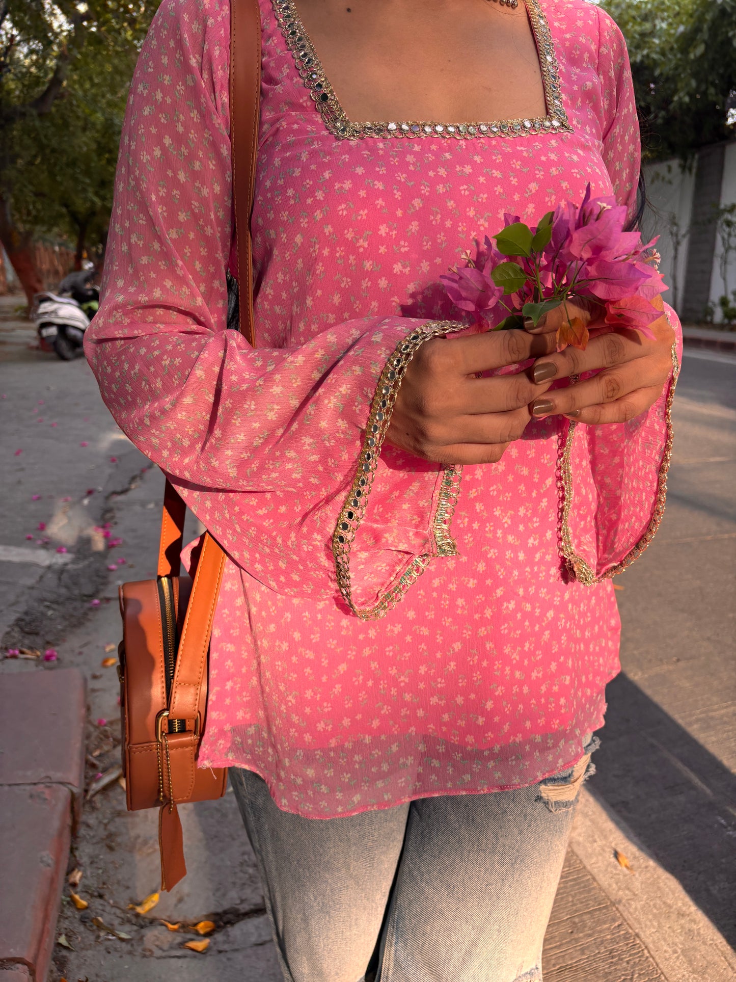 Gulbahar – Floral Baby Pink Kurti with Bell Sleeves