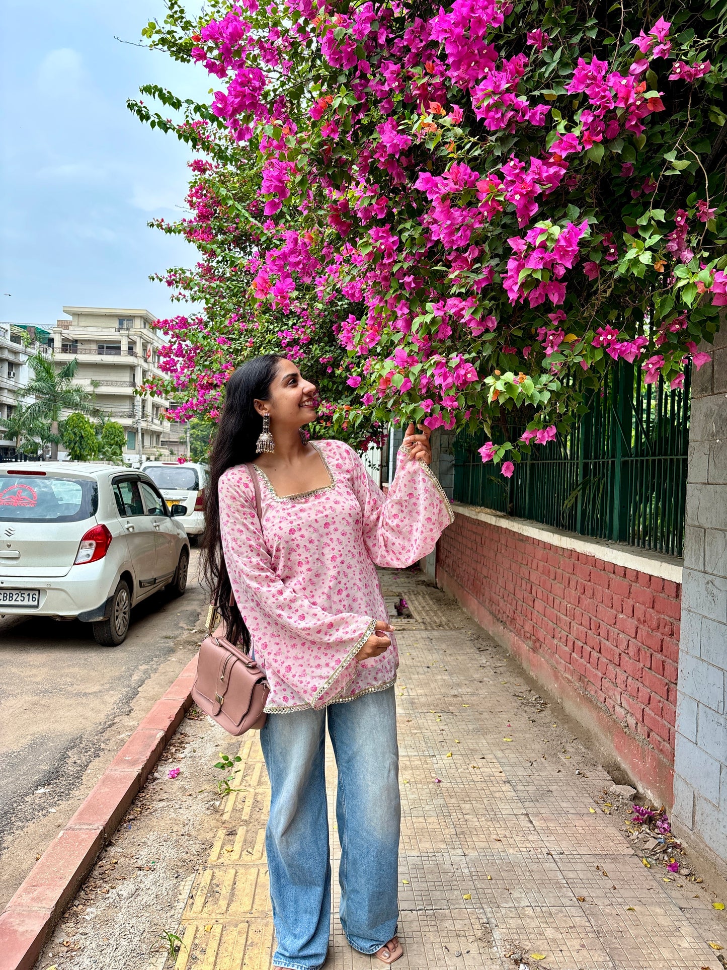 Rose – A Floral Pink Short Kurti with bell sleeves